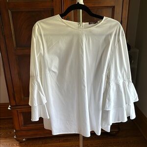 J. McLaughlin White Ruffled 3/4 Sleeve Blouse